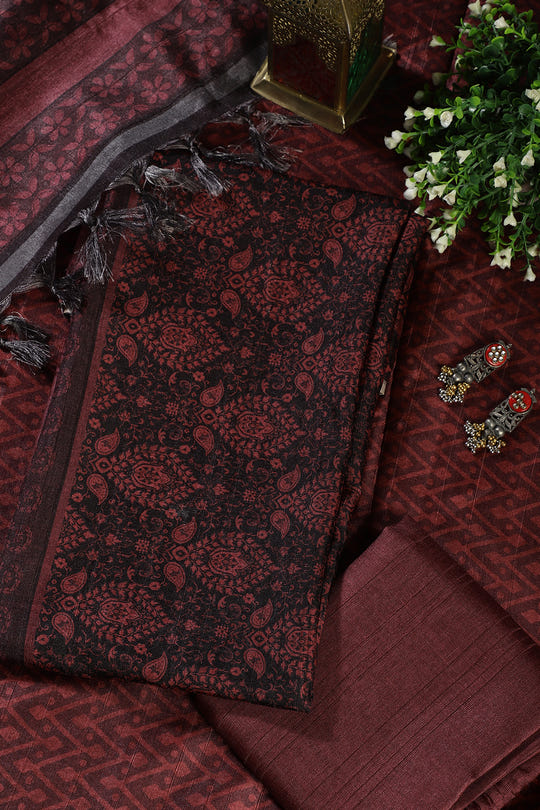 Maroon And Black Digital Printed Chanderi Cotton Unstiched Suit Material