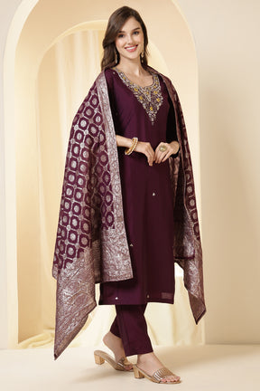 Wine Color Silk Neck Embroidered Suit Set