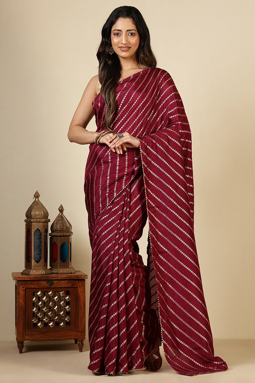 Wine Modal Silk Saree with Zari Pinstripes