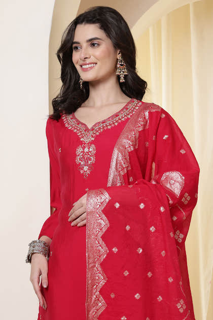 Rani Silk Neck Embroidered Suit Set With Woven Dupatta