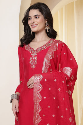 Rani Silk Neck Embroidered Suit Set With Woven Dupatta