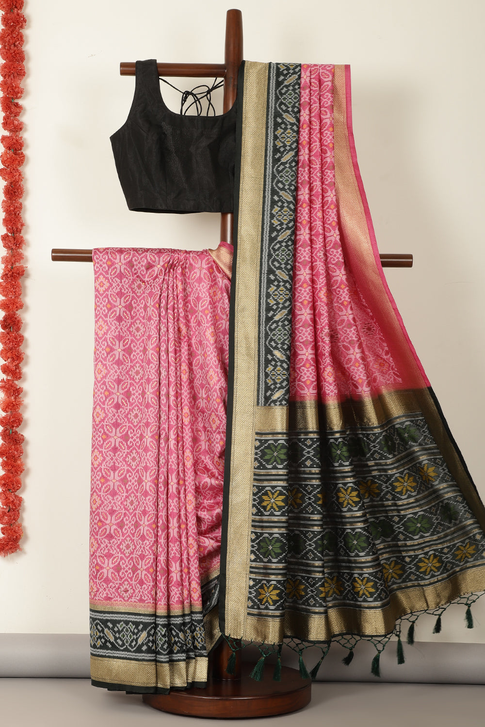 Dusty Pink & Green Dual Toned Tussar Silk Patola Woven Saree