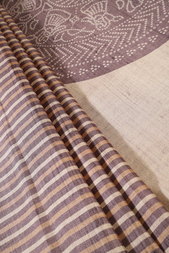 Beige And Grey Tussar Silk Printed Saree