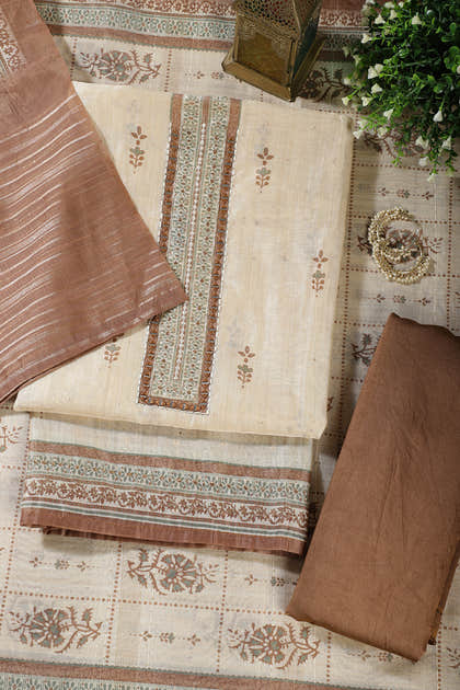 Beige & Brown Chanderi Cotton Floral Printed And Neck Embroidered Unstitched Suit Material Unstitched Suit Fabric