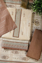 Beige & Brown Chanderi Cotton Floral Printed And Neck Embroidered Unstitched Suit Material Unstitched Suit Fabric