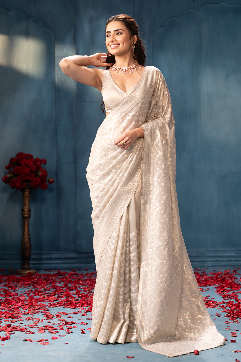 Silver Color Pure Metallic Tissue Resham & Sequins Embroidered Saree