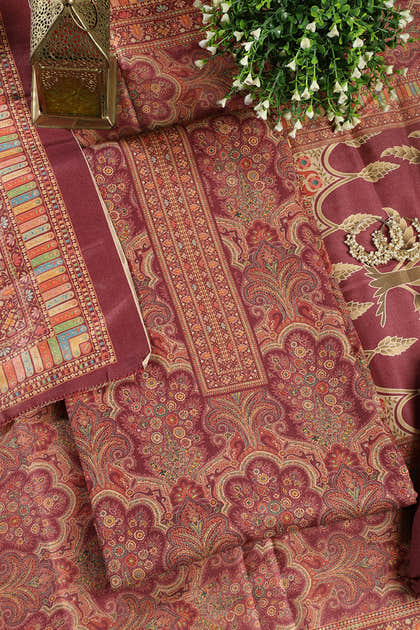 Wine Colour Pashmina Digital Printed Unstitched Suit Fabric