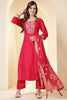 Coral Pink Color Silk Suit Set With Neck Embroidered