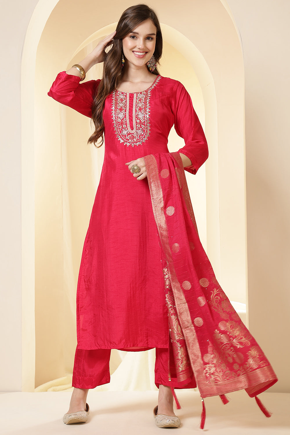 Coral Pink Color Silk Suit Set With Neck Embroidered