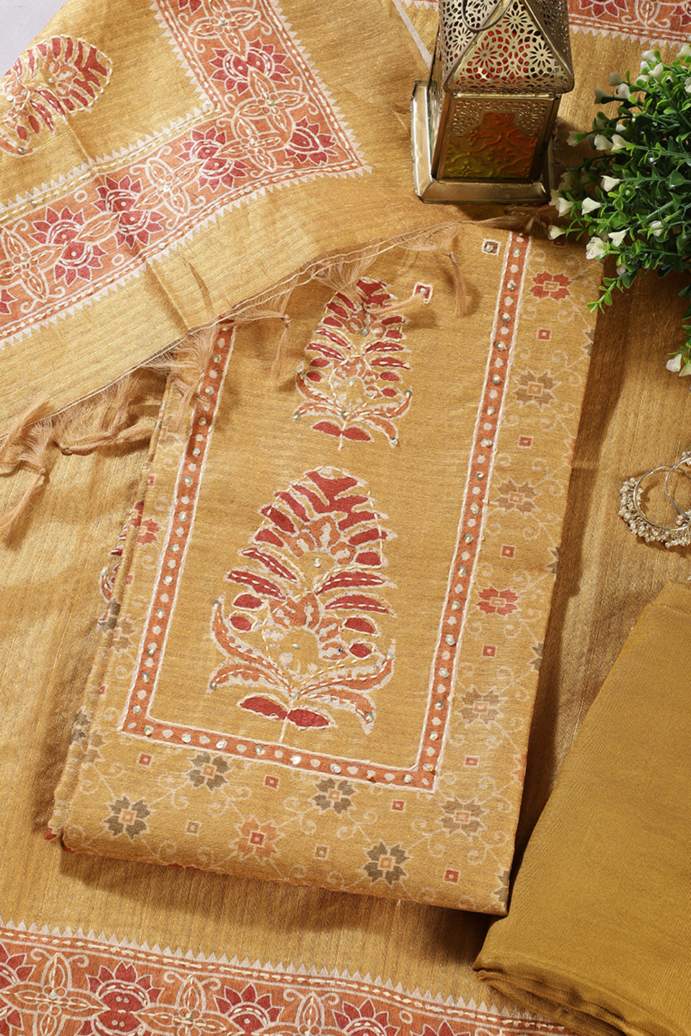 Mustard Tussar Silk Printed Unstitched Suit Material