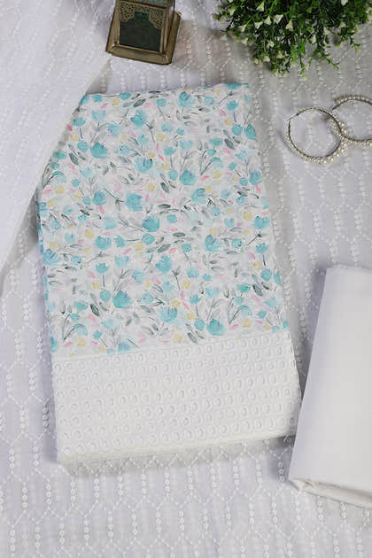 White & Blue Cotton Floral Printed and Resham Embroidered Unstitched Suit Material