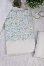 White & Blue Cotton Floral Printed and Resham Embroidered Unstitched Suit Material