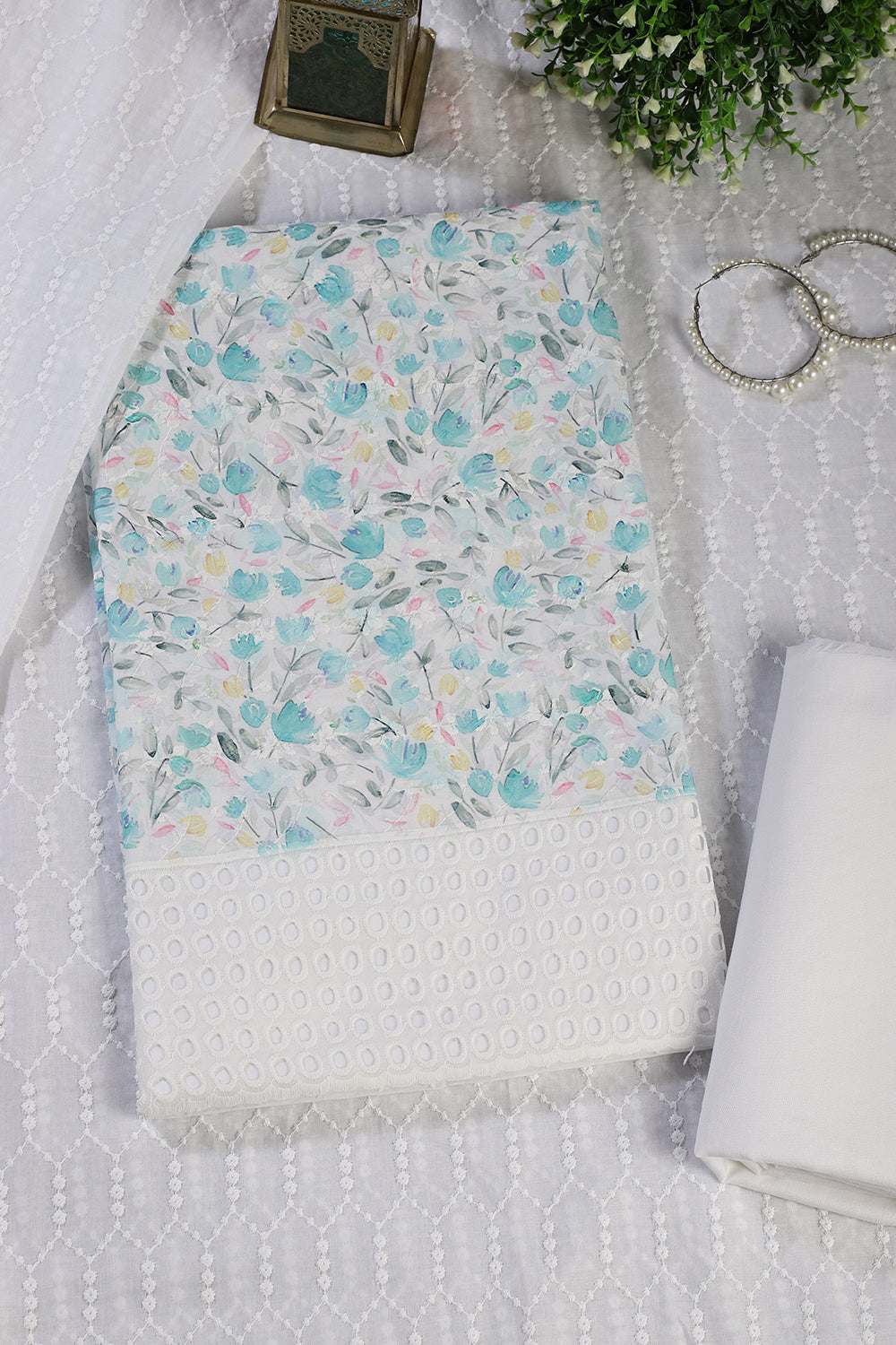 White & Blue Cotton Floral Printed and Resham Embroidered Unstitched Suit Material