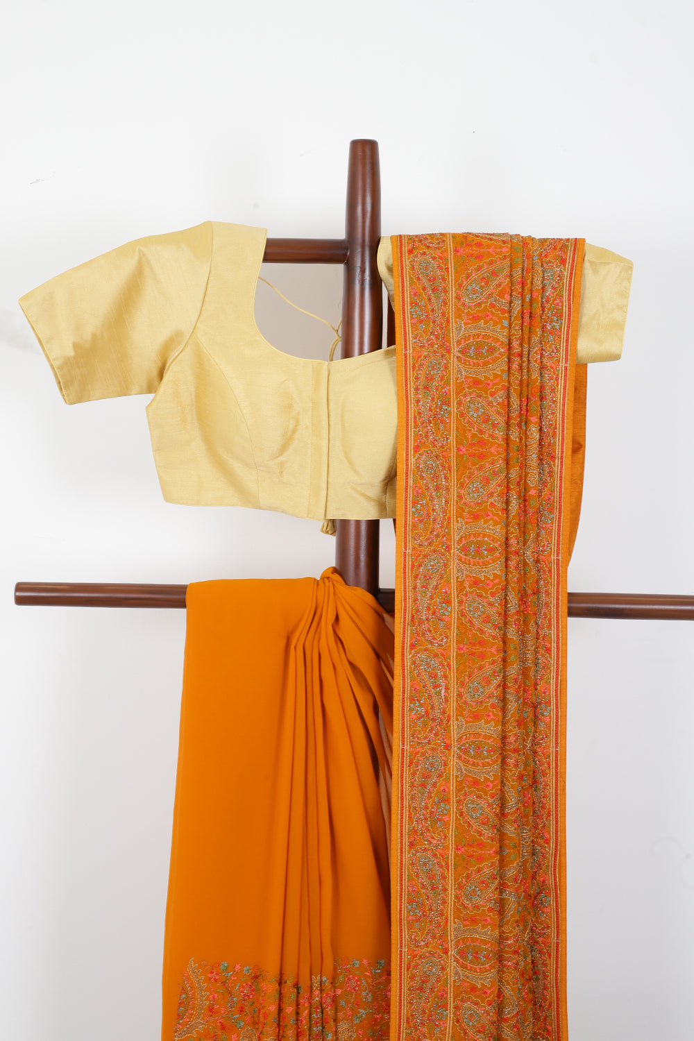 Mustard Georggette Resham Embroidered And Swaroski Work Saree