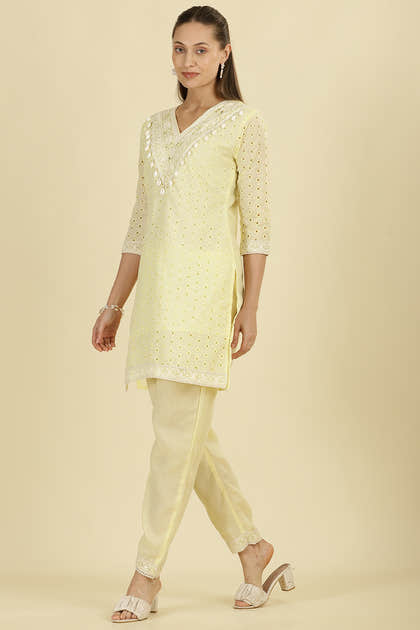 Pale Yellow Cotton Hacoba Style Neck-Embroidered Kurta Set