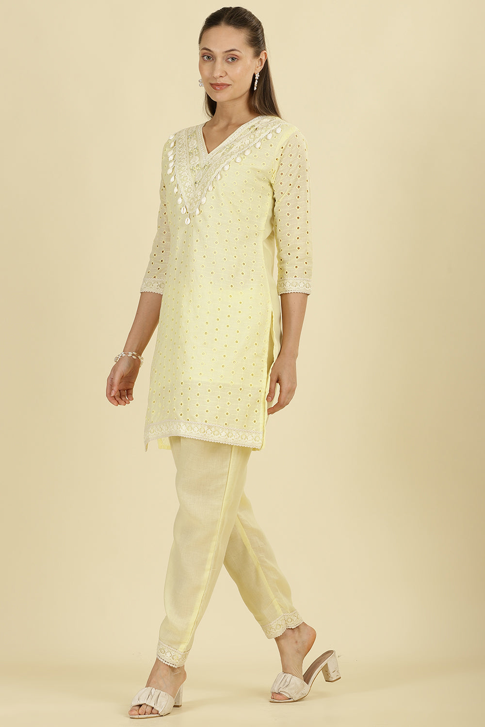 Pale Yellow Cotton Hacoba Style Neck-Embroidered Kurta Set
