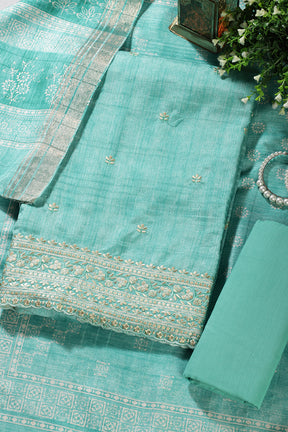 Sea Green Tussar Silk Embroidered Unstitched Suit Material (Copy)
