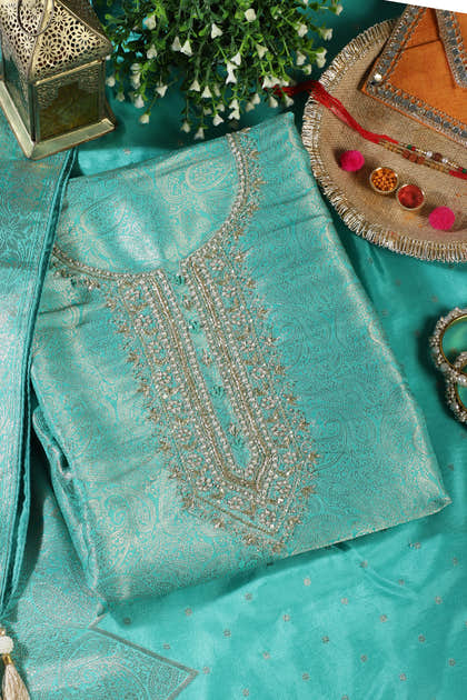 Turquoise Silk Zari Woven And Embroidered Unstitched Suit Material