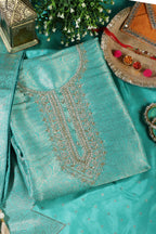 Turquoise Silk Zari Woven And Embroidered Unstitched Suit Material