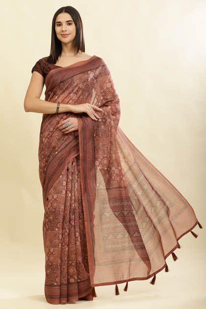 Brown Cotton Silk Printed Saree