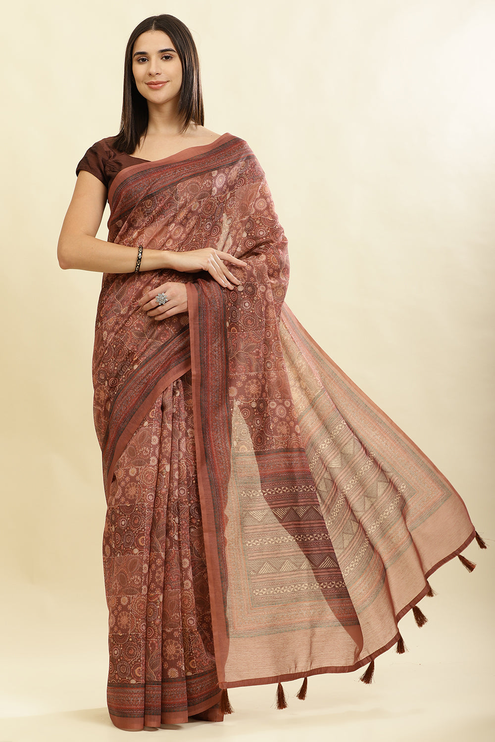 Brown Cotton Silk Printed Saree