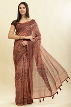 Brown Cotton Silk Printed Saree