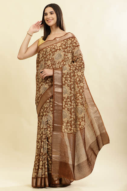 Brown Floral Printed & Zari Border Cotton Silk Saree