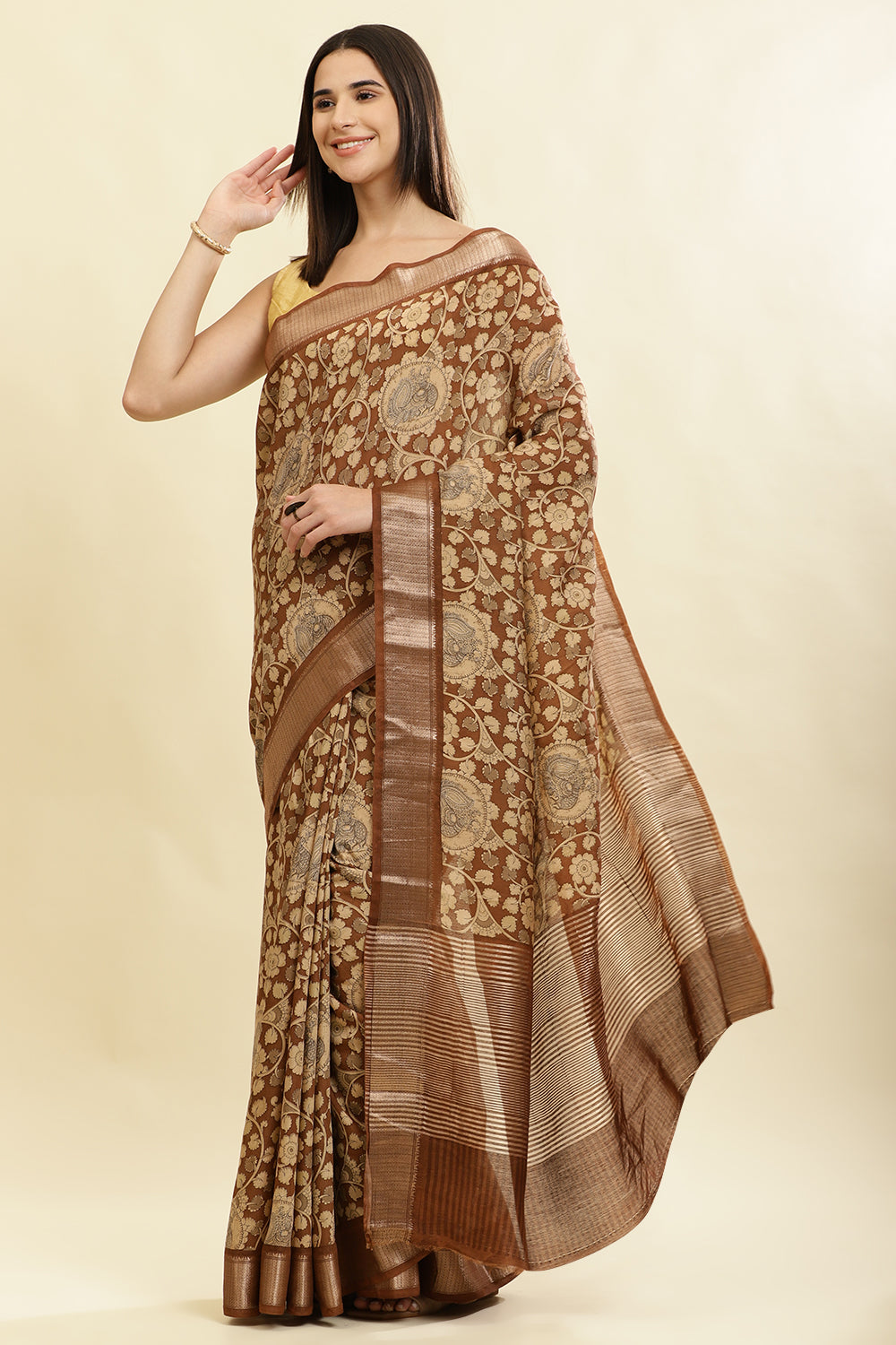 Brown Floral Printed & Zari Border Cotton Silk Saree