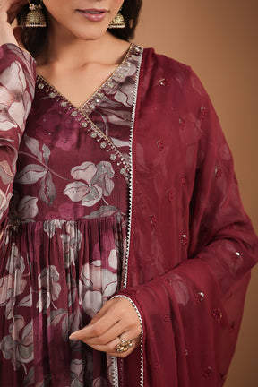 Dark Scarlet Color Crepe Alia-Cut Floral Printed Suit
