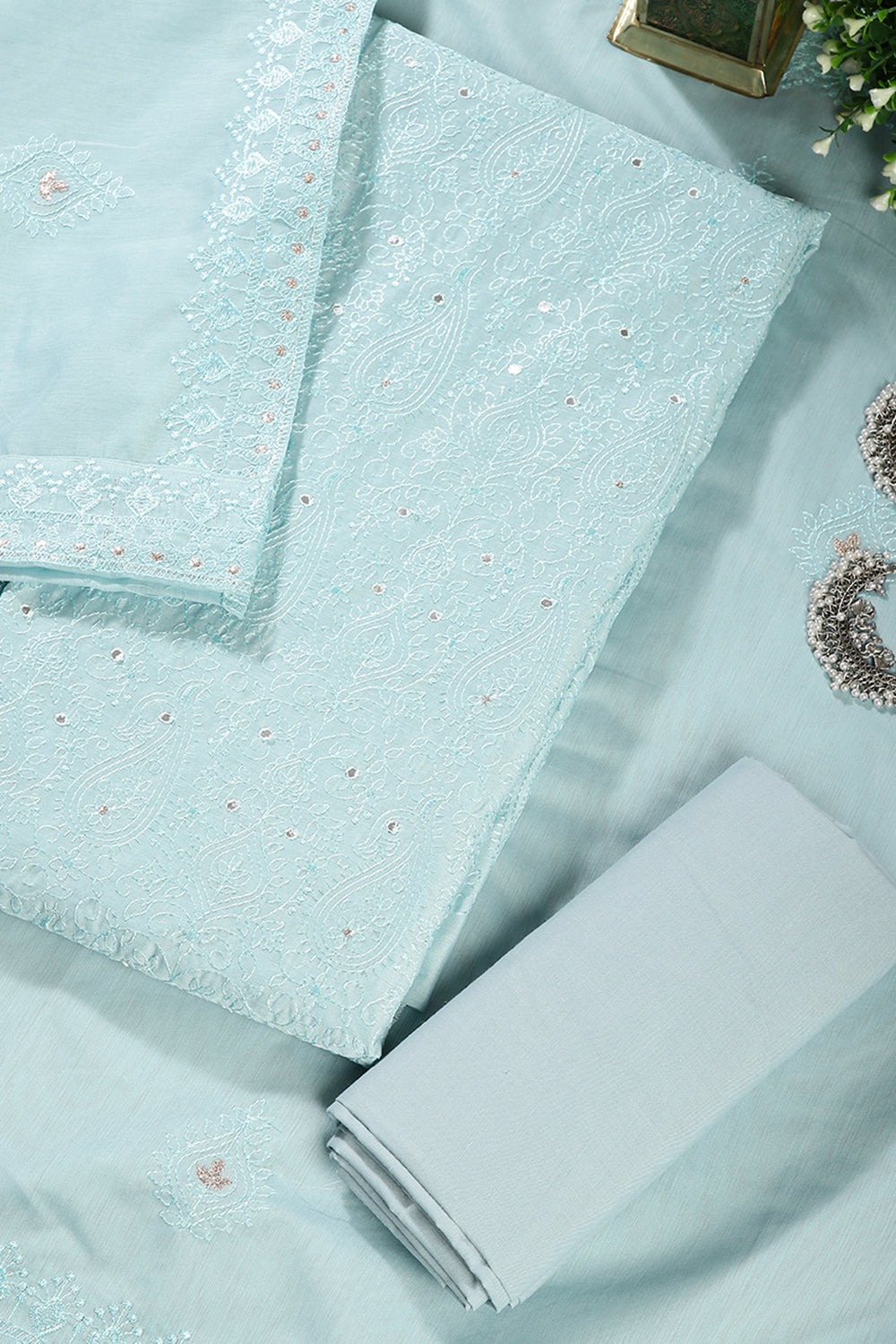 Turquoise Color Chanderi Resham Embroidered Unstitched Suit