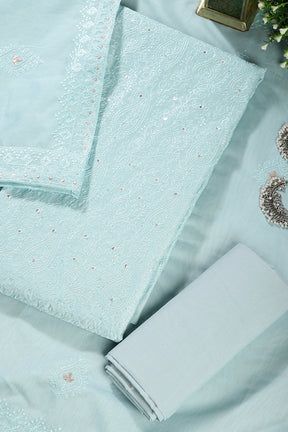 Turquoise Color Chanderi Resham Embroidered Unstitched Suit