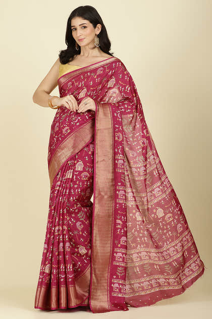 Dark Magenta Cotton Silk Printed Saree
