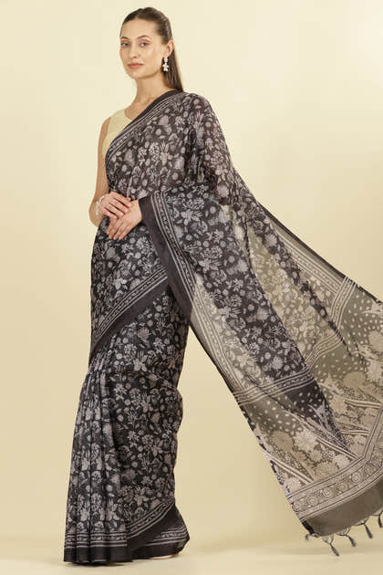 Black Kota Cotton Floral Jaal Printed Saree