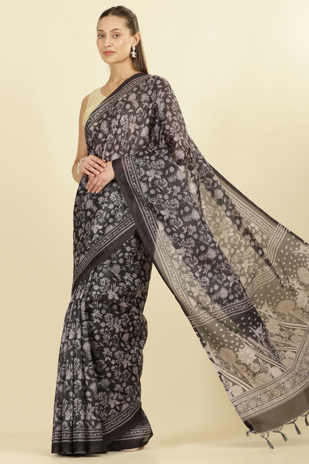 Black Kota Cotton Floral Jaal Printed Saree