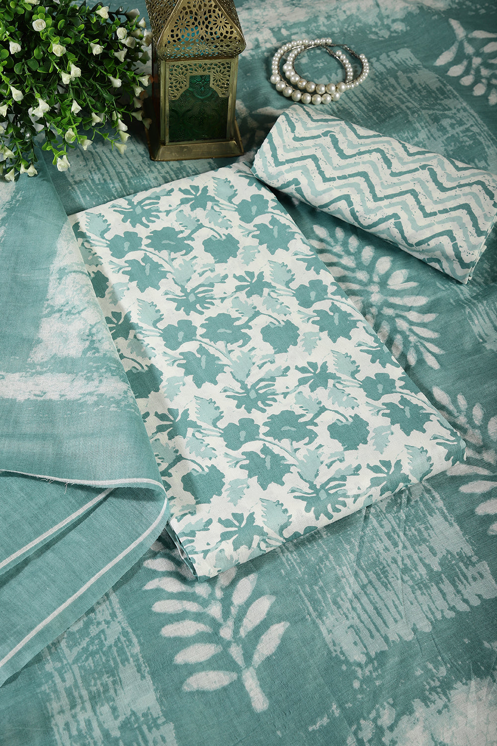 Rama Green Color Cotton Printed Unstitched Suit