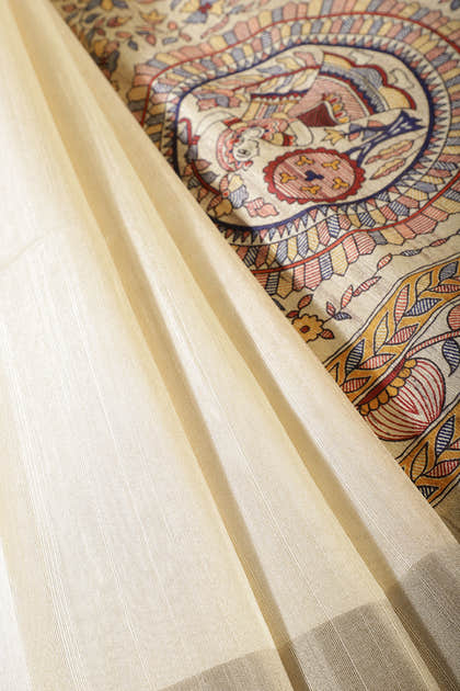 Cream Cotton Silk Madhubani Print Saree