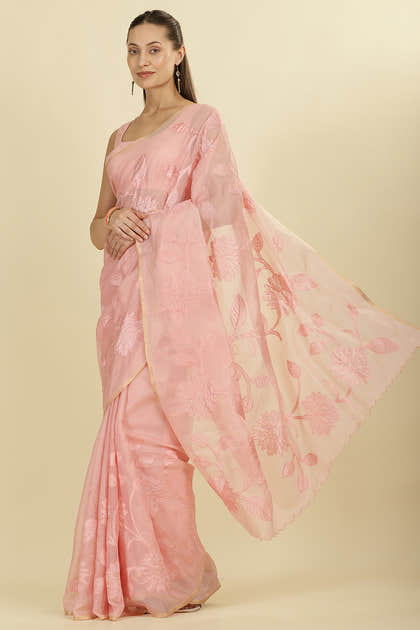 Pink Cotton Floral Resham Embroidered Saree