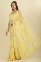 Pale Yellow Cotton Floral Resham Embroidered Saree
