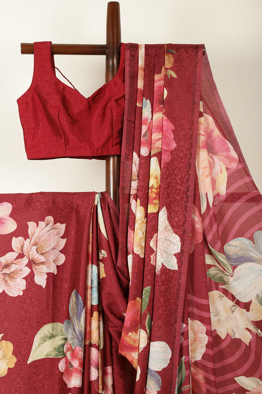 Maroon Jacquard Silk Printed Saree