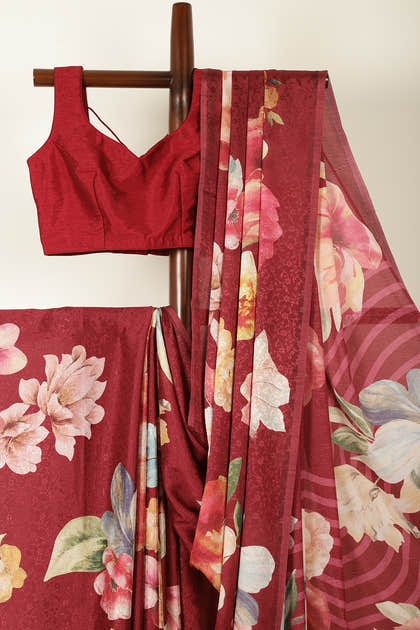 Maroon Jacquard Silk Printed Saree