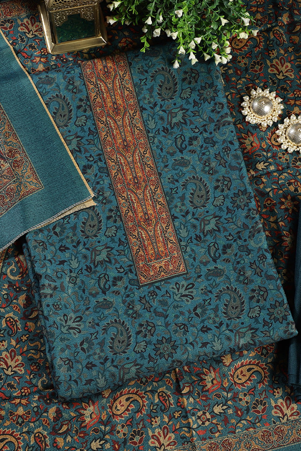 Blue Pashmina Digital Printed Unstitched Suit Fabric