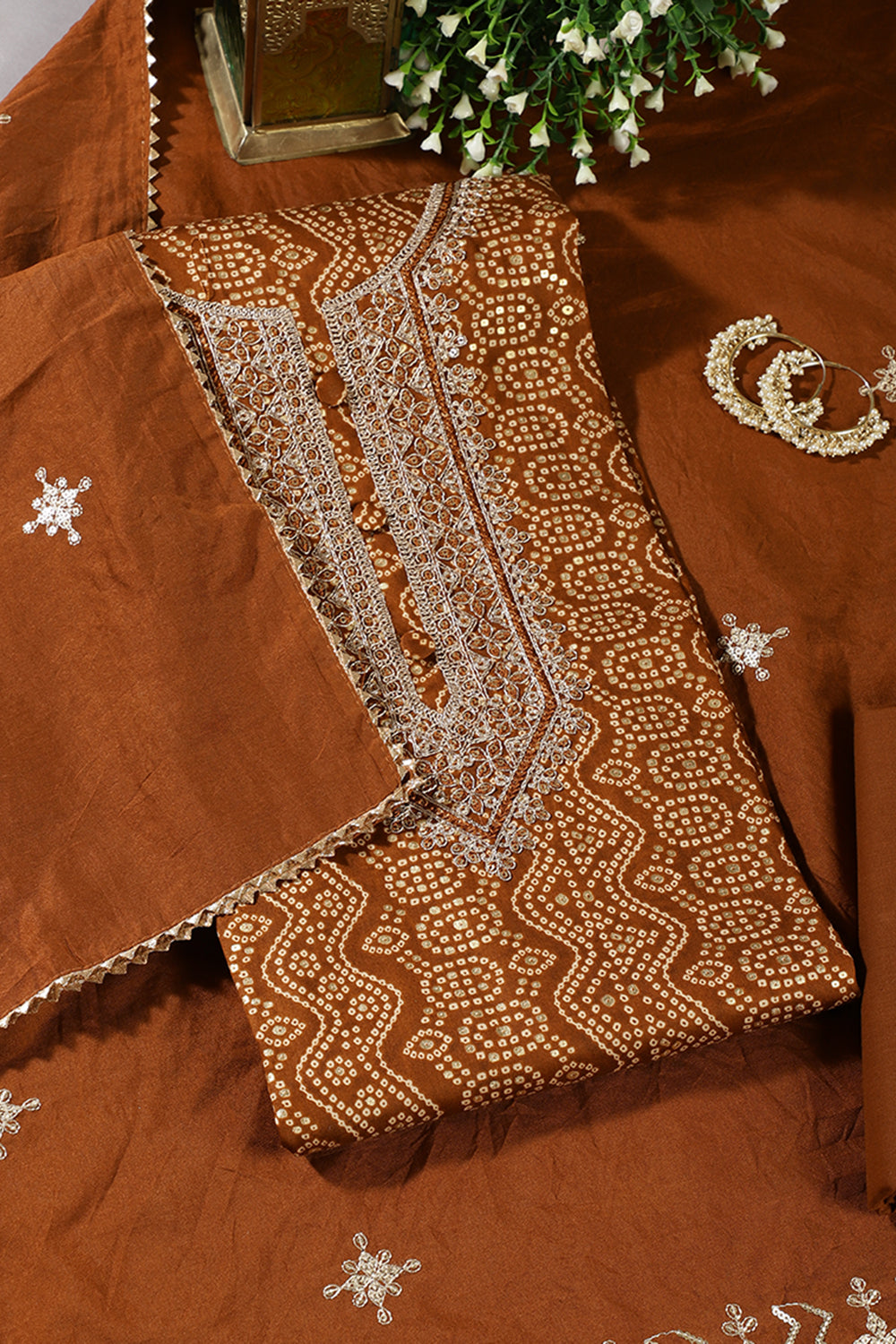 Brown Cotton Bandhani Printed & Neck Embroidered Unstitched Suit