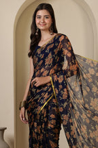 Navy Chiffon Floral Zari Border & Floral Printed Saree
