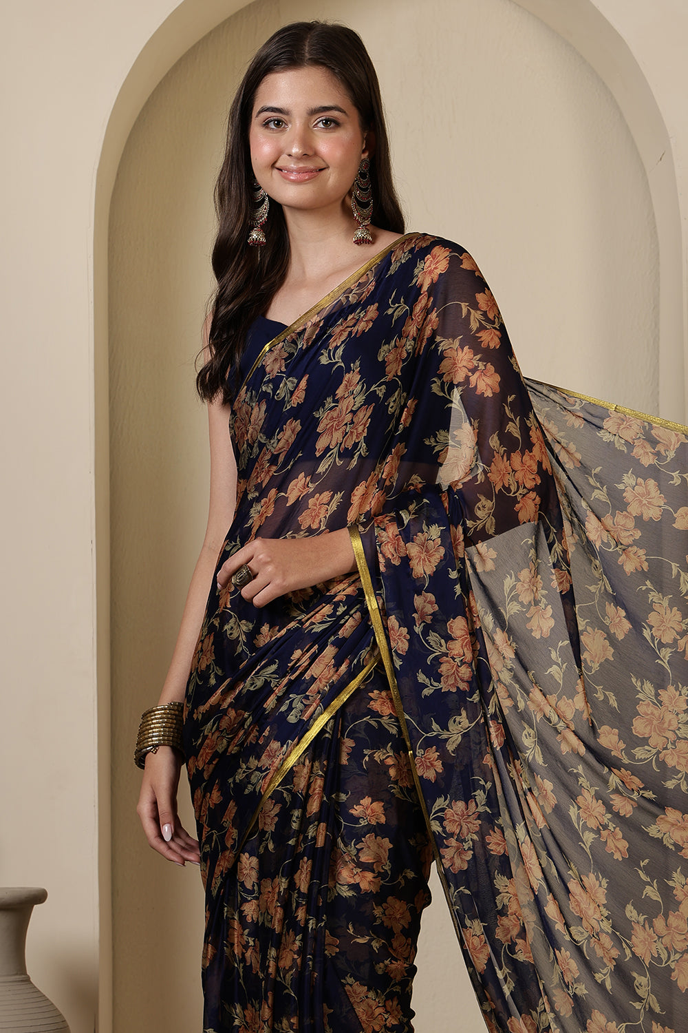 Navy Chiffon Floral Zari Border & Floral Printed Saree