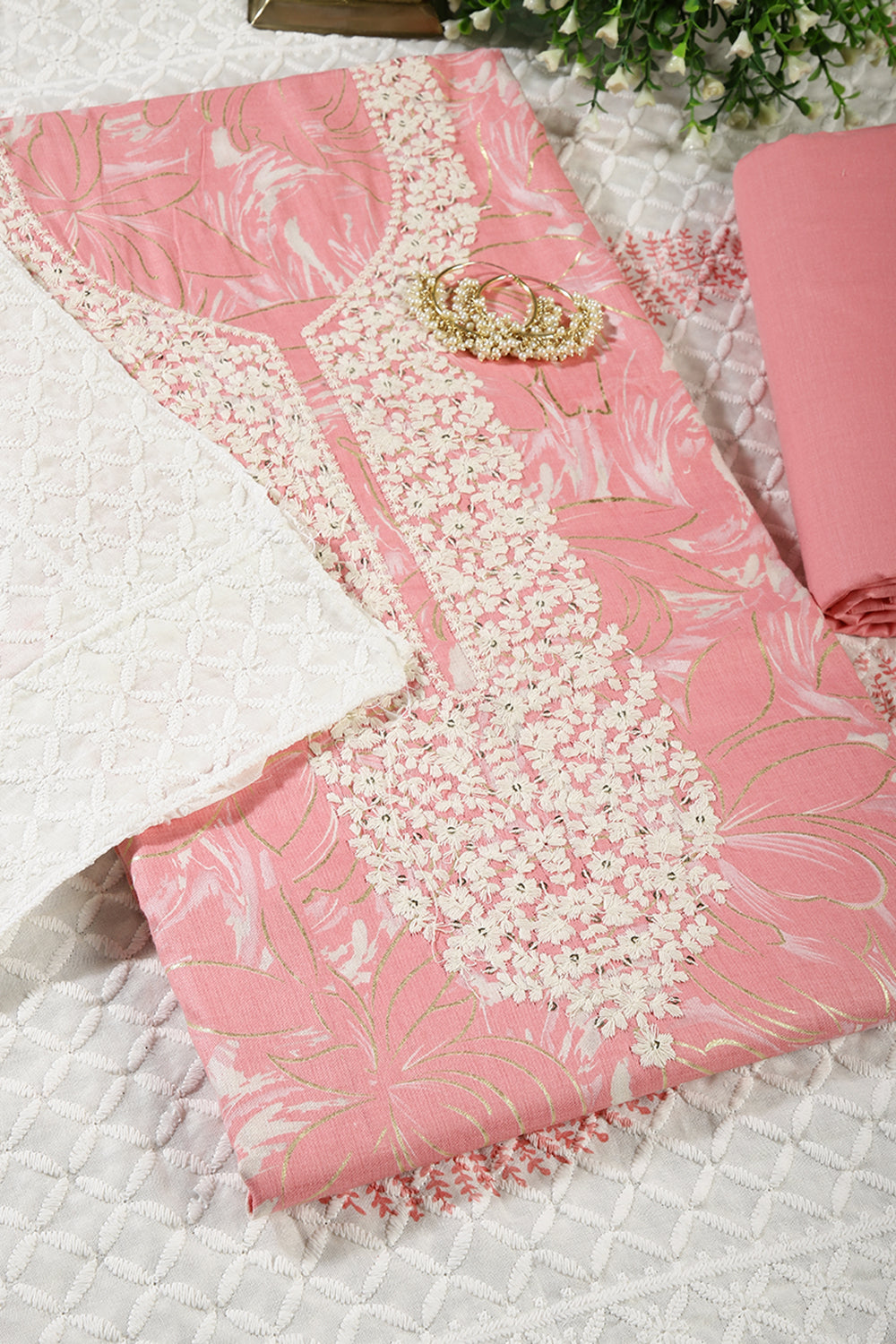 Pink Colour Cotton Printed & Resham Neck Embroidered Unstitched Suit