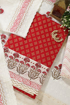 Red Cotton Woven And Lace Work Unstitched Suit Material
