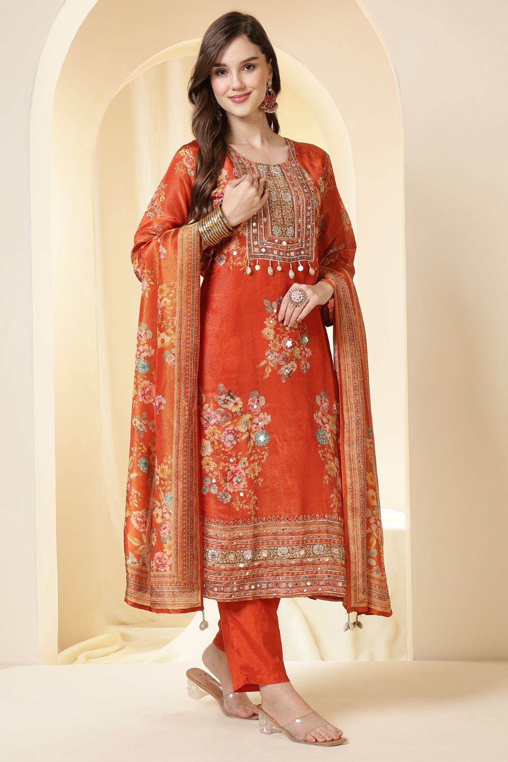 Orange Color Shimmer Tissue Printed & Embroidered Suit Set