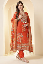 Orange Color Shimmer Tissue Printed & Embroidered Suit Set