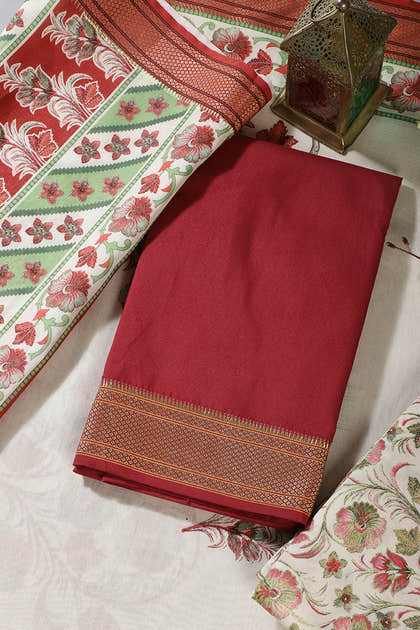 Maroon Cotton Unstitched Suit Material With Floral Printed Dupatta & Salwar