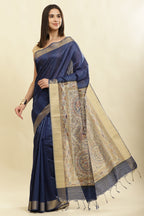 Navy Color Cotton Silk Madhubani Print Saree